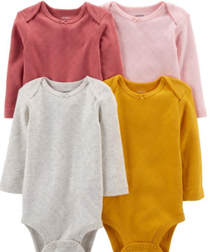 Kit com 4 bodies Carter’s manga longa – algodão macio – estampas variadas