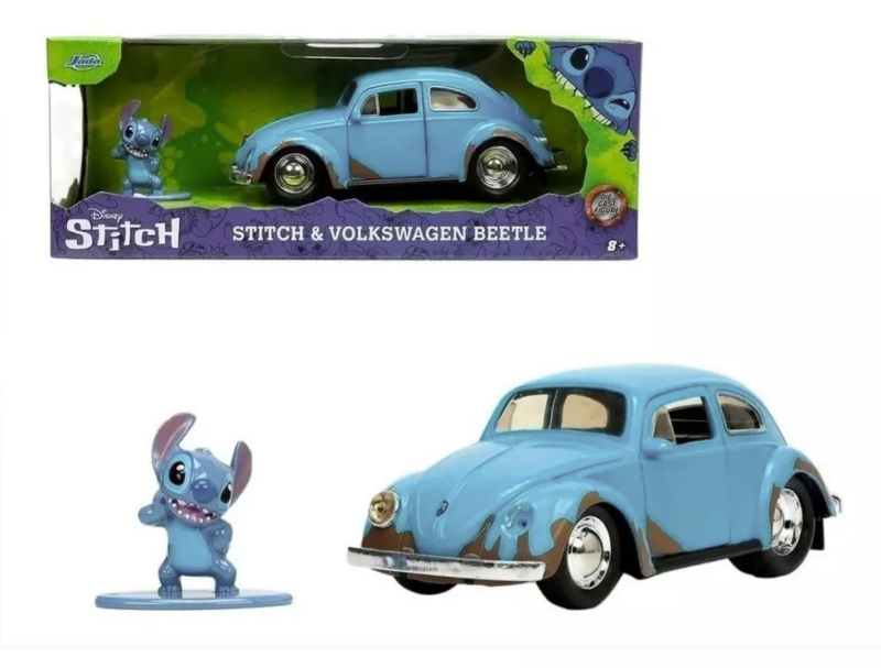Miniatura Volkswagen Beetle Lilo & Stitch azul – Disney die-cast colecionável