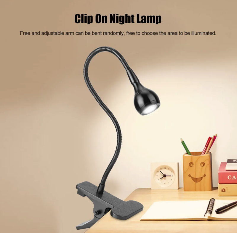 Luminária LED com clipe e braço flexível para leitura