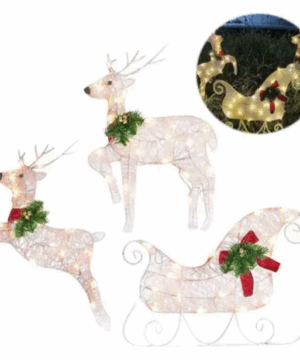 Combo de decoração natalina com trenó iluminado, luzes, enfeites e sacolas