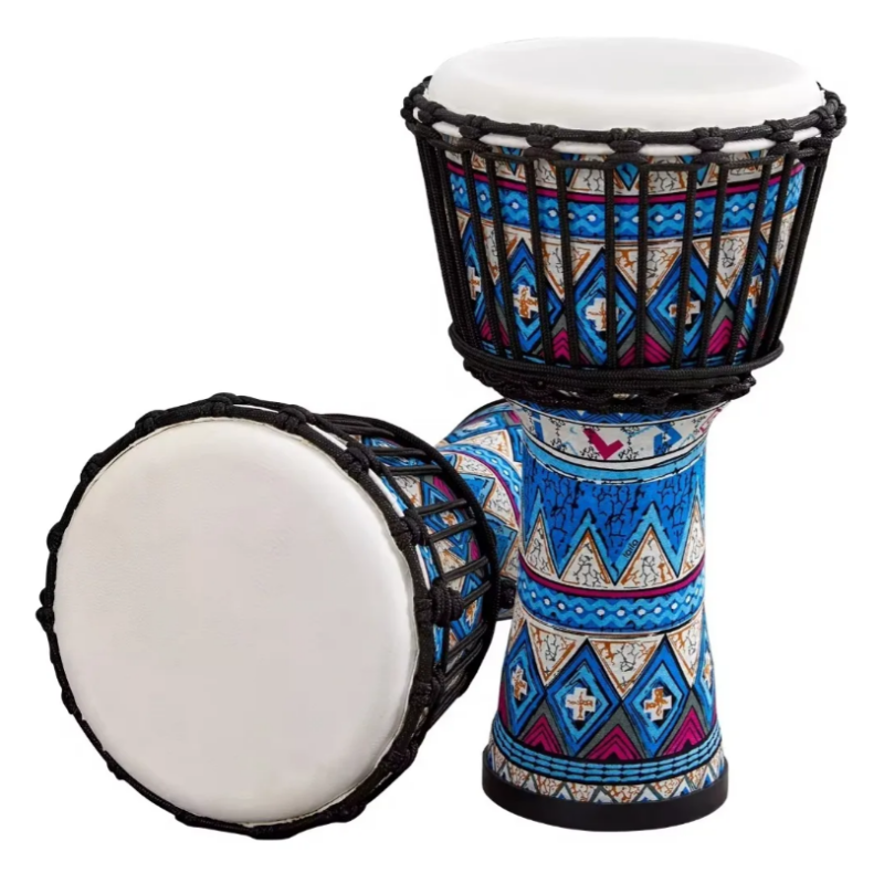 Djembe Africano AKLOT com pele de cabra e estampa floral azul