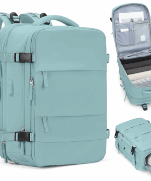 Mochila de viagem grande azul-clara com compartimento para tênis