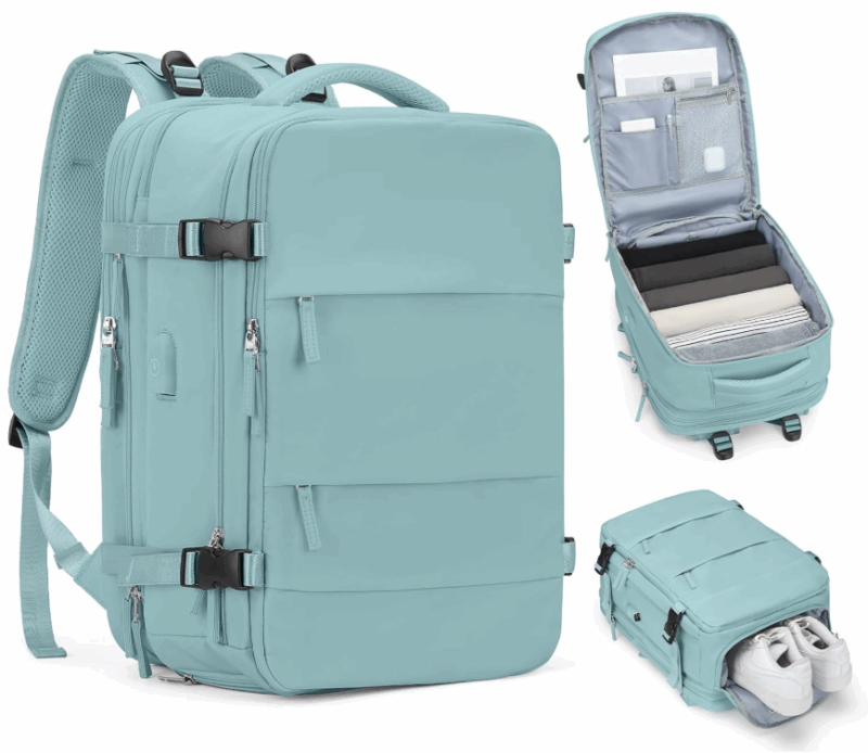 Mochila de viagem grande azul-clara com compartimento para tênis