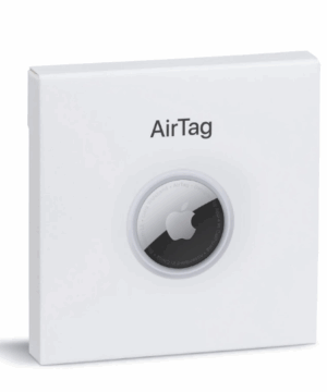 AirTag Apple vista de frente com acabamento metálico.
