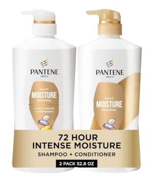 Pantene Shampoo & Conditioner Set, Daily Moisture Renewal - Pro-V Nutrients for Dry, Color-Treated, Straight to Curly Hair, 72-Hour Hydration & Softness, 52.8 Oz Total + Miracle Rescue Shot (0.5 Oz)