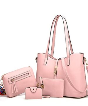 Women Fashion Handbags Wallet Tote Bag Shoulder Bag Top Handle Satchel Purse Set 4pcs Pink-l