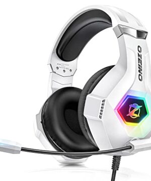 Ozeino Gaming Headset for PC, Ps4, Ps5, Xbox Headset with 7.1 Surround Sound Gaming Headphones with Noise Canceling Mic, LED Light Over Ear Headphones for Switch, Xbox Series X/S, Laptop, Mobile White