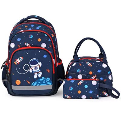School Backpack Kids Bookbag Set-with Lunch Bag & Pencil Case Elementary Preschool Kindergarten Supplies for Boys Large Capacity Backpack Set (Dark Blue Space)