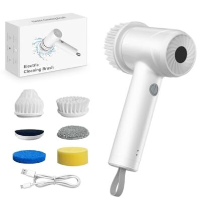 Electric Spin Scrubber - Cordless IPX7 Waterproof Shower Scrubber with 2 Speed Settings and 6 Replaceable Heads，Electric Cleaning Brush for Bathroom，Kitchen and Windows