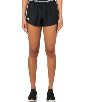 Under Armour Women's Tech Play Up Short, 3" Inseam Low Rise with Pockets, Quick Dry, Athletic Shorts for Workout, Running, and Gym, Black/White, Medium