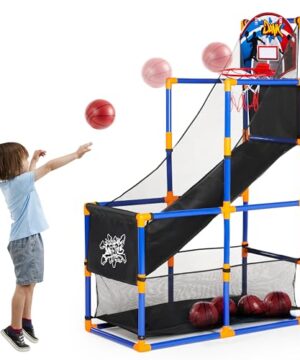 JOYIN Arcade Basketball Game Set with 4 Balls and Hoop for Kids 3 to 12 Years Old Indoor Outdoor Sport Play - Easy Set Up - Air Pump Included - Ideal for Competition