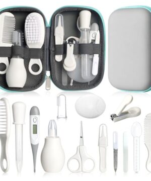 Baby Grooming Kit, Infant Safety Care Set with Hair Brush Comb Nail Clipper Nasal Aspirator,Baby Essentials Kit for Newborn Girls Boys (Grey White)