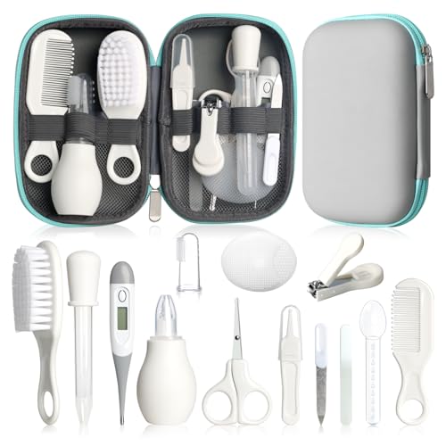 Baby Grooming Kit, Infant Safety Care Set with Hair Brush Comb Nail Clipper Nasal Aspirator,Baby Essentials Kit for Newborn Girls Boys (Grey White)