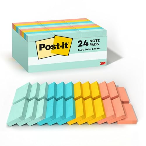 Post-it Notes, 1.5x2 in, 24 Pads, America's #1 Favorite Sticky Notes, Beachside Café Collection, Pastel Colors, Clean Removal, Recyclable