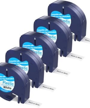 5 Pack Compatible with Dymo Letratag Refills 91201 91331 S0721660 Label Maker Tape White Plastic 12mm x 4m 1/2" x 13', Work with Dymo Letra Tag LT-100H LT-100T Plus 200B QX50 XR XM 2000