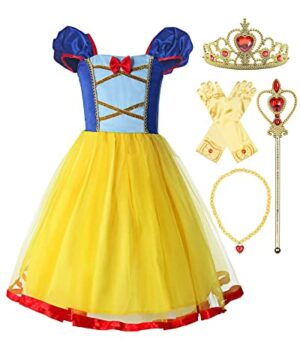 ReliBeauty Girls Elastic Waist Backless Princess Dress Costume with Accessories Yellow, 6-7/140
