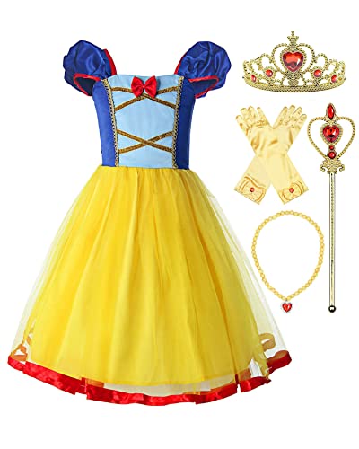 ReliBeauty Girls Elastic Waist Backless Princess Dress Costume with Accessories Yellow, 6-7/140