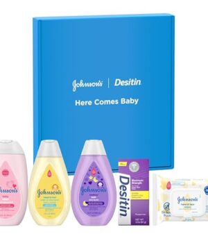 Johnson's Baby Here Comes Baby Gift Set, Baby Essentials for New Parents with Moisturizing Lotion, Bedtime Bath, Body Wash & Shampoo, Hand & Face Wipes, & Diaper Rash Cream, 5 Items