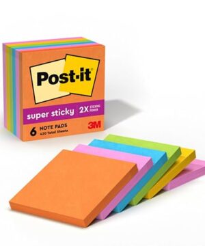 Post-it Super Sticky Notes, 3x3 in, 6 Pads, 2X The Sticking Power, Energy Boost Collection, Bright Colors (Orange, Pink, Blue, Green),Recyclable (654-6SSAU)