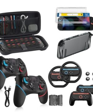 Switch 2 Accessories Bundle for Nintendo 17-in-1: 2 Pro Controllers, Dockable Carrying Case, Screen Protector, Thumb Grip for Joycon Console Protective Cover Shell Steering Wheel 2025 Switch2 Game Kit
