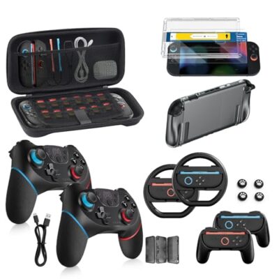 Switch 2 Accessories Bundle for Nintendo 17-in-1: 2 Pro Controllers, Dockable Carrying Case, Screen Protector, Thumb Grip for Joycon Console Protective Cover Shell Steering Wheel 2025 Switch2 Game Kit