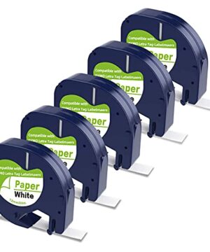 Camopro Compatible Label Tape Replacement for DYMO Letratag Refills 91330 10697 Self-Adhesive Paper LT Tape for DYMO LetraTag Plus LT-100T LT-100H QX50 Label Maker, Black on White, 5-Pack