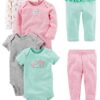 Simple Joys by Carter's Baby Girls' 6-Piece Bodysuits (Short and Long Sleeve) and Pants Set, Aqua Green Elephant/Grey Dots/Pink Stripe/White Forest Animals, 3-6 Months