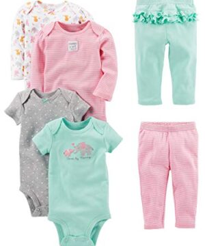 Simple Joys by Carter's Baby Girls' 6-Piece Bodysuits (Short and Long Sleeve) and Pants Set, Aqua Green Elephant/Grey Dots/Pink Stripe/White Forest Animals, 3-6 Months