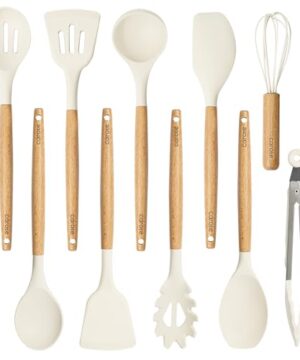CAROTE Silicone Cooking Utensils Set, Kitchen Utensils Set 10 Pcs for cooking, BPA Free Spatula Set with Heat Resistant Wood Handles for Nonstick Cookware (Cream White)