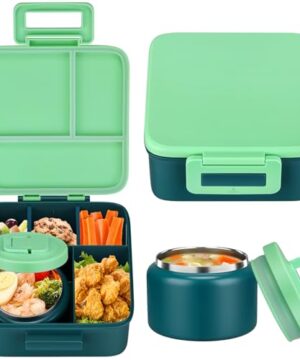 MAISON HUIS Bento Lunch Box with 8oz Soup Thermo, 5-Compartment Leak-Proof Container, Thermo Hot Food Jar and Insulated Lunch Bag, BPA Free,Travel, School (Green)