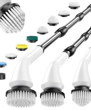 Electric Spin Scrubber, Cordless Power Electric Cleaning Brush Waterproof with Adjustable Extension Handle for Bathroom Kitchen Floor Grout Tile (White)