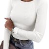 ANRABESS Women Long Sleeve Shirts Rib Knit Slim Fit Tops Basic Tee 2025 Fall Outfits Casual T-Shirt Underscrubs Layer Clothes White Large