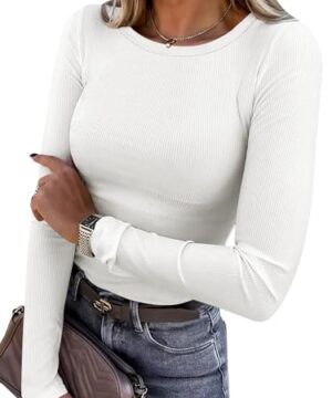 ANRABESS Women Long Sleeve Shirts Rib Knit Slim Fit Tops Basic Tee 2025 Fall Outfits Casual T-Shirt Underscrubs Layer Clothes White Large