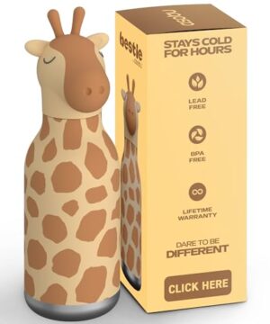 asobu Bestie Bottle Insulated Stainless Steel Water Bottle with Detachable Soft Animal Head Fun Drinking For Kids and Teens16 Ounce with Flexible Reusable Straw (GIRAFFE)