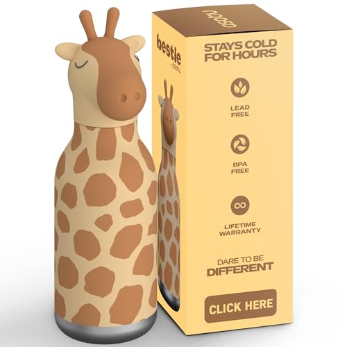 asobu Bestie Bottle Insulated Stainless Steel Water Bottle with Detachable Soft Animal Head Fun Drinking For Kids and Teens16 Ounce with Flexible Reusable Straw (GIRAFFE)