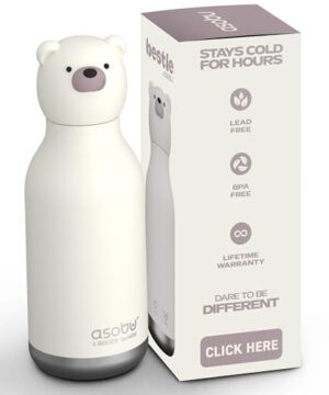 asobu Bestie Bottle Insulated Stainless Steel Water Bottle with Detachable Soft Animal Head Fun Drinking For Kids and Teens16 Ounce (Bear)