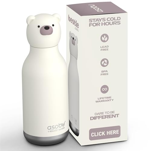 asobu Bestie Bottle Insulated Stainless Steel Water Bottle with Detachable Soft Animal Head Fun Drinking For Kids and Teens16 Ounce (Bear)