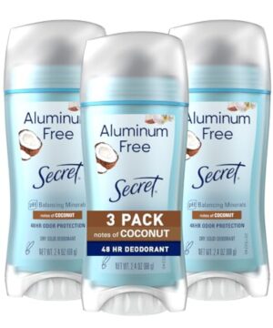 Secret Aluminum Free Deodorant for Women, 48hr Odor Protection, Naturally Derived Ingredients, Free of Parabens Dyes Talc & Baking Soda, PH Balanced, Dry Solid, Coconut Scent, 2.4 oz (Pack Of 3)