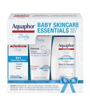 Aquaphor Baby Skin Care Essentials Gift Set with Baby Wash and Shampoo (16.9 Fl Oz) + Healing Ointment for Chapped Skin and Drool Rash (7Oz) + Diaper Rash Cream (3.5Oz), Hypoallergenic