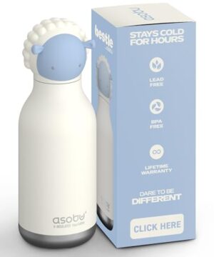 asobu Bestie Bottle Insulated Stainless Steel Water Bottle with Detachable Soft Animal Head Fun Drinking For Kids and Teens with Flexible Reusable Straw 16 Ounce (Sheep)