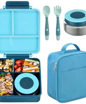 Bento Lunch Box Set for Kids with 8oz Soup Thermo, Leak-Proof Lunch Containers with 4 Compartment, Kids Thermo Hot Food Jar and Insulated Lunch Bag for Kid to School-Blue