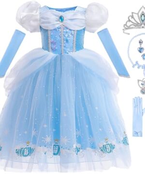 iTVTi Girls Princess Dress Kids Halloween Carnival Party Cosplay Costume Toddler Puffy Sleeve Blue Fancy Outfit, 4-5T (Tag 120)