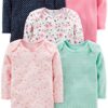 Simple Joys by Carter's Baby Girls' 5-Pack Long-Sleeve Bodysuit, Mint Green/Navy Dots/Pink/Butterflies/Floral, 12 Months