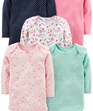 Simple Joys by Carter's Baby Girls' 5-Pack Long-Sleeve Bodysuit, Mint Green/Navy Dots/Pink/Butterflies/Floral, 12 Months