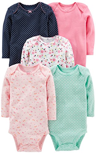 Simple Joys by Carter's Baby Girls' 5-Pack Long-Sleeve Bodysuit, Mint Green/Navy Dots/Pink/Butterflies/Floral, 12 Months