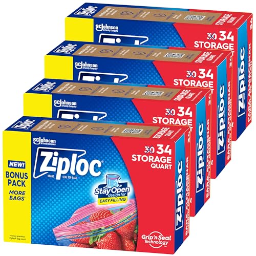 Ziploc Quart Food Storage Bags, Stay Open Design with Stand-Up Bottom, Easy to Fill, 136 Count