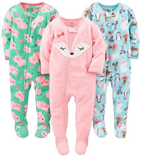 Simple Joys Baby Girl's 3 pack Footed Pajmas Sleepwear, Polar Bear/Pigs/Fox, 18 months