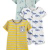Simple Joys by Carter's unisex-baby Boys' 3-Pack Snap-Up Romper, Dinosaur/Rhino/Shark, 12 Months