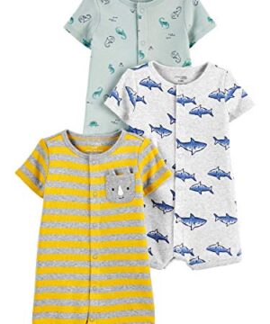 Simple Joys by Carter's unisex-baby Boys' 3-Pack Snap-Up Romper, Dinosaur/Rhino/Shark, 12 Months