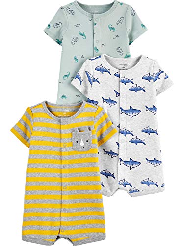 Simple Joys by Carter's unisex-baby Boys' 3-Pack Snap-Up Romper, Dinosaur/Rhino/Shark, 12 Months